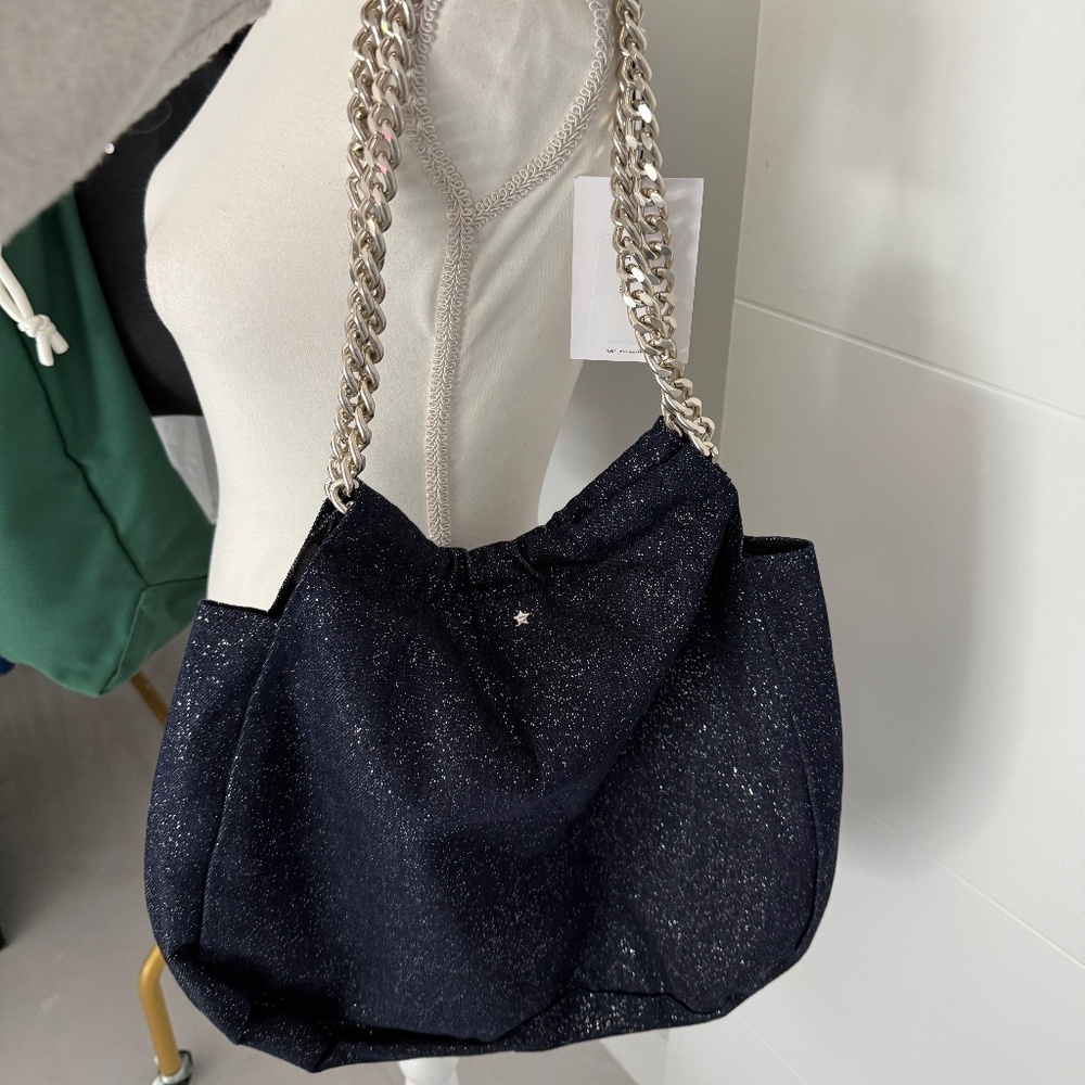 L'AURA Denim Sparkle Miami Shoulder Bag Chain Strap NWT Everyday Large Bag